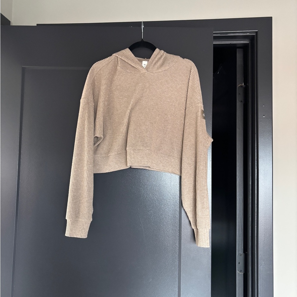ALO Yoga Muse Cropped Ribbed Hoodie - Gravel Heather